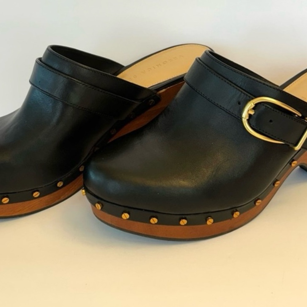 Veronica Beard Hendrix Black Leather
Studded Wooden Clogs - Picture 2 of 7